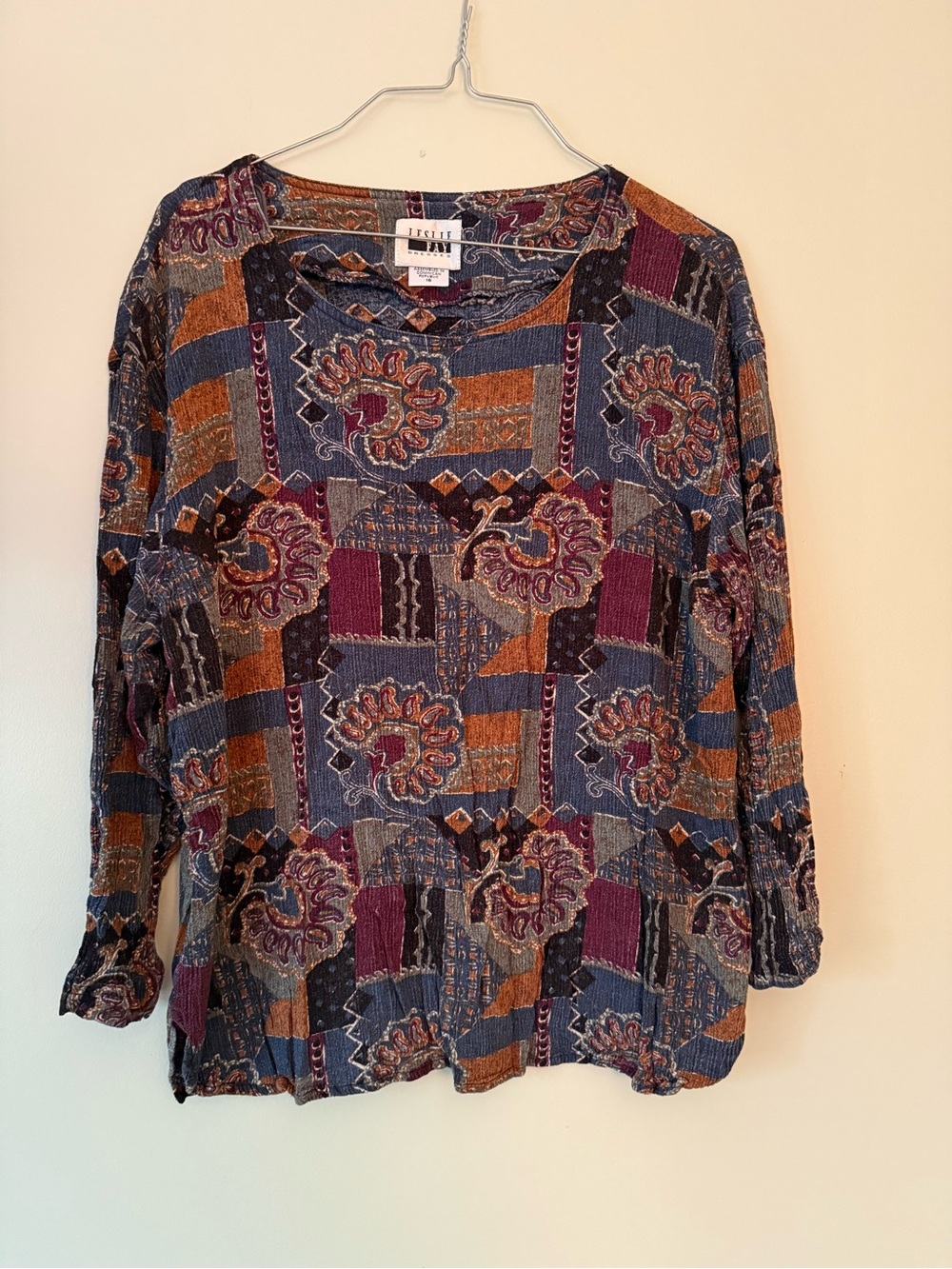 Leslie Fay Multicolor Patchwork Long Sleeve Top - Blue, Purple, Rust